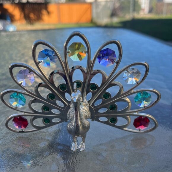 Silver Plated Peacock Figurine With Multicolored Swarovski Crystals Ornament - Picture 3 of 10